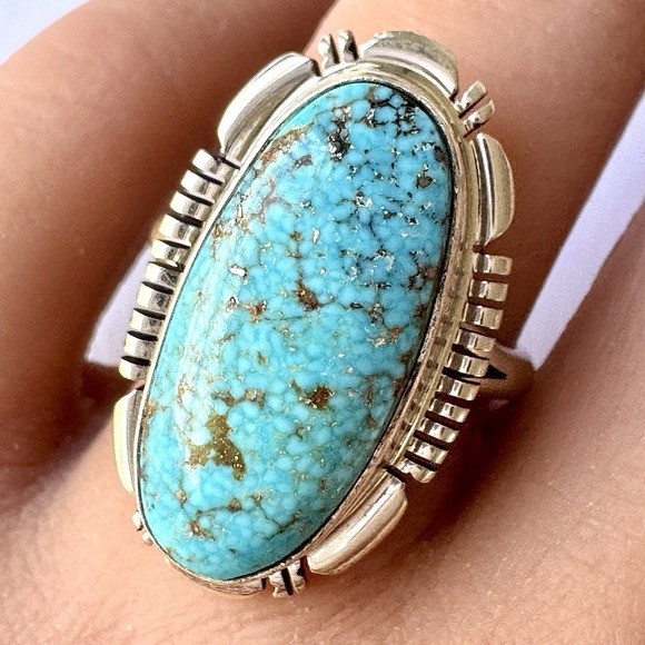Native American Navajo Indian Turquoise Jewelry Jewelry - Navajo Sonoran Gold Turquoise Ring Sz 9 Sterling Norvin Johnson Shine Fluted